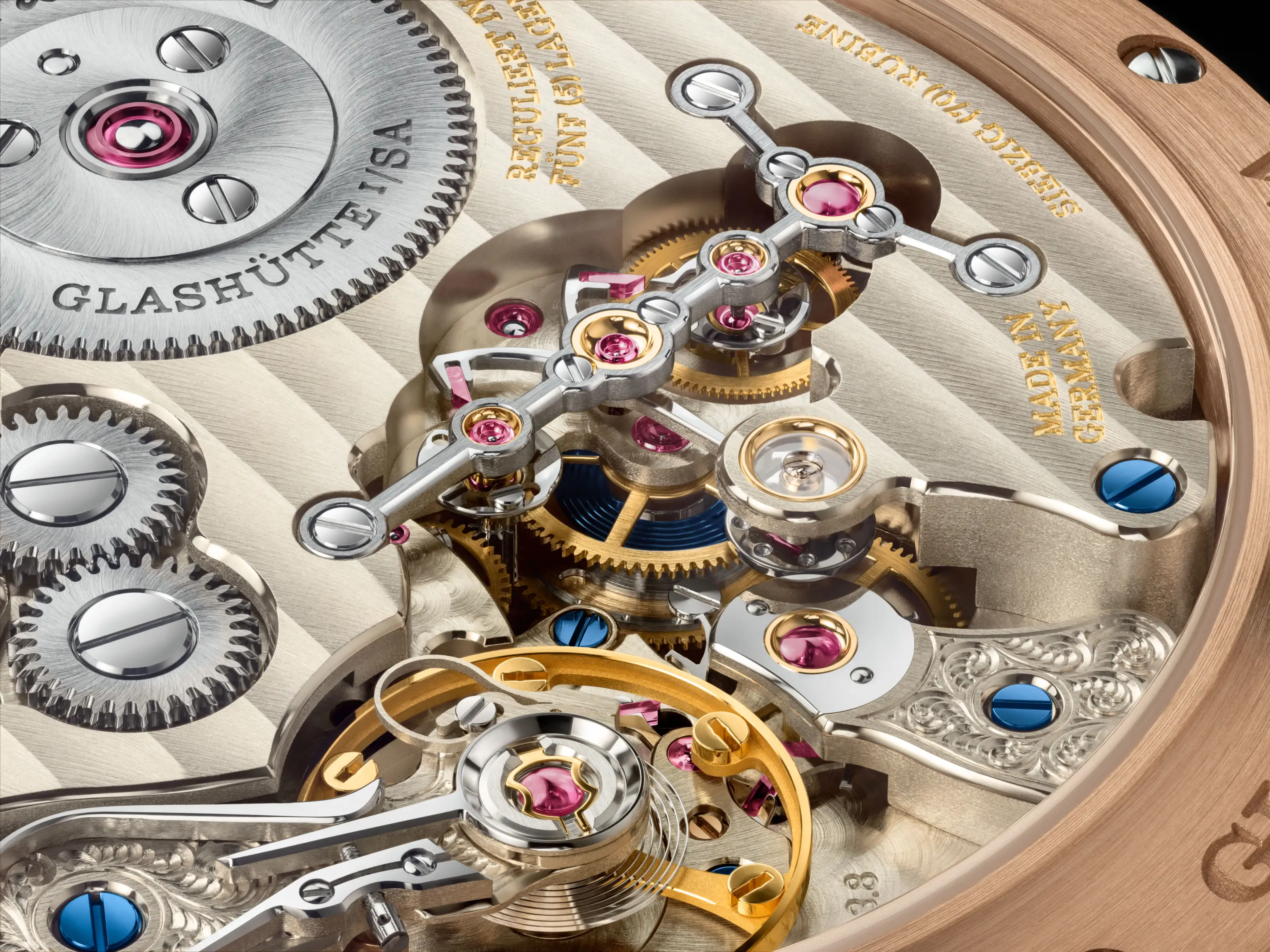 The balance, escapement and highly jewled geartrain of the Zeitwerk movement.
