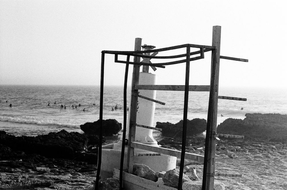 Photograph of surf board rack above Agadir.