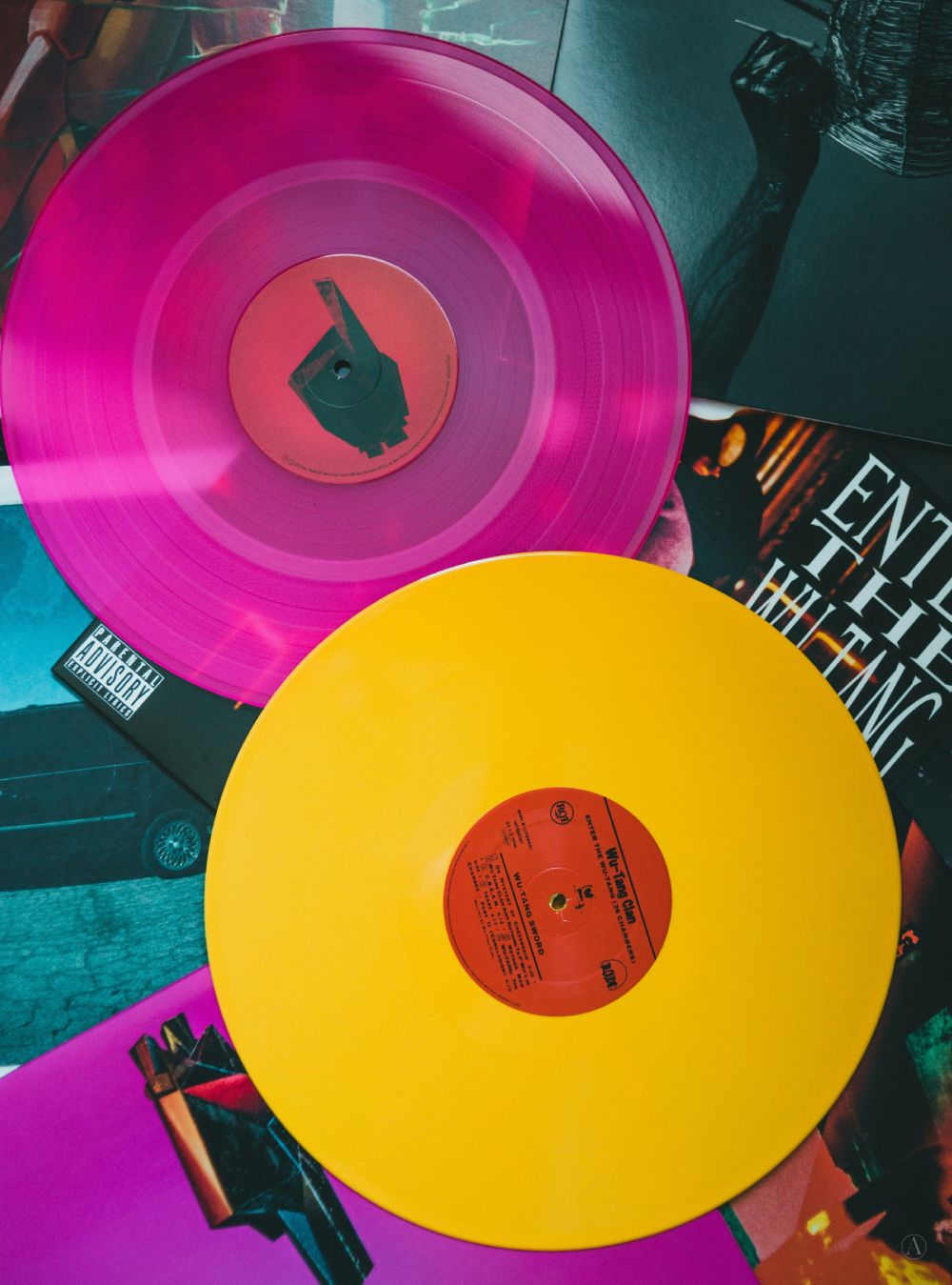 Photograph of coloured records.